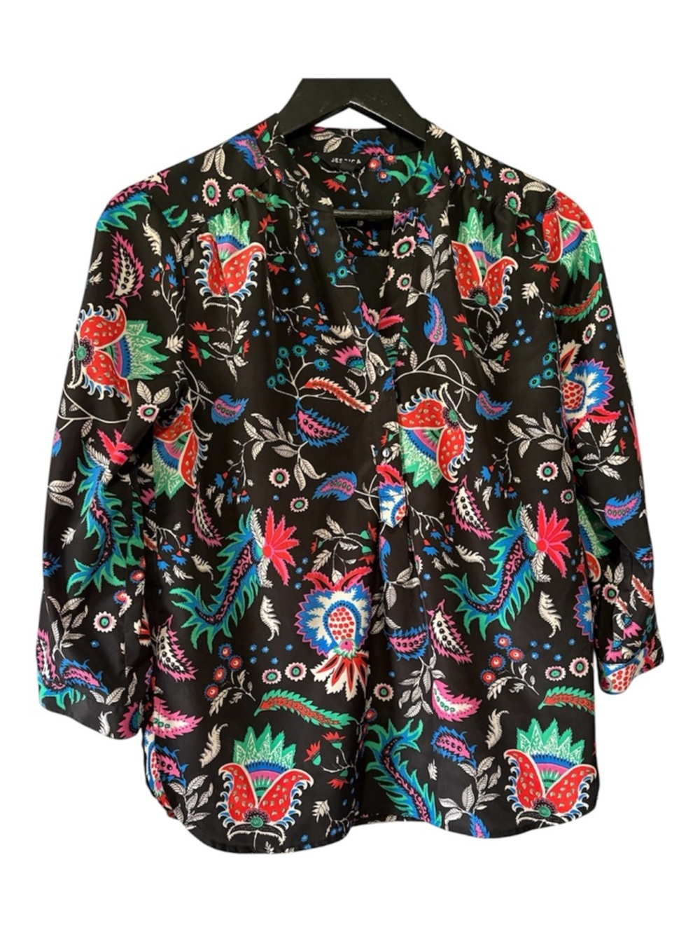 Jessica Black Floral Paisley Button-Front Blouse. Size 4P.